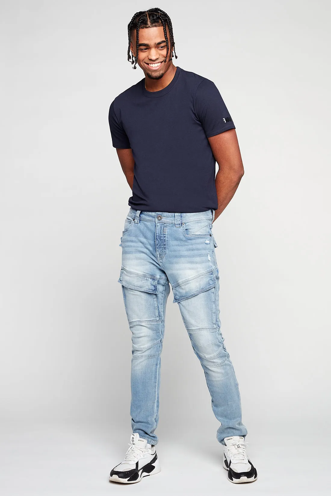 DELUXE Straight Fit Cargo Jeans - Blue Bleach