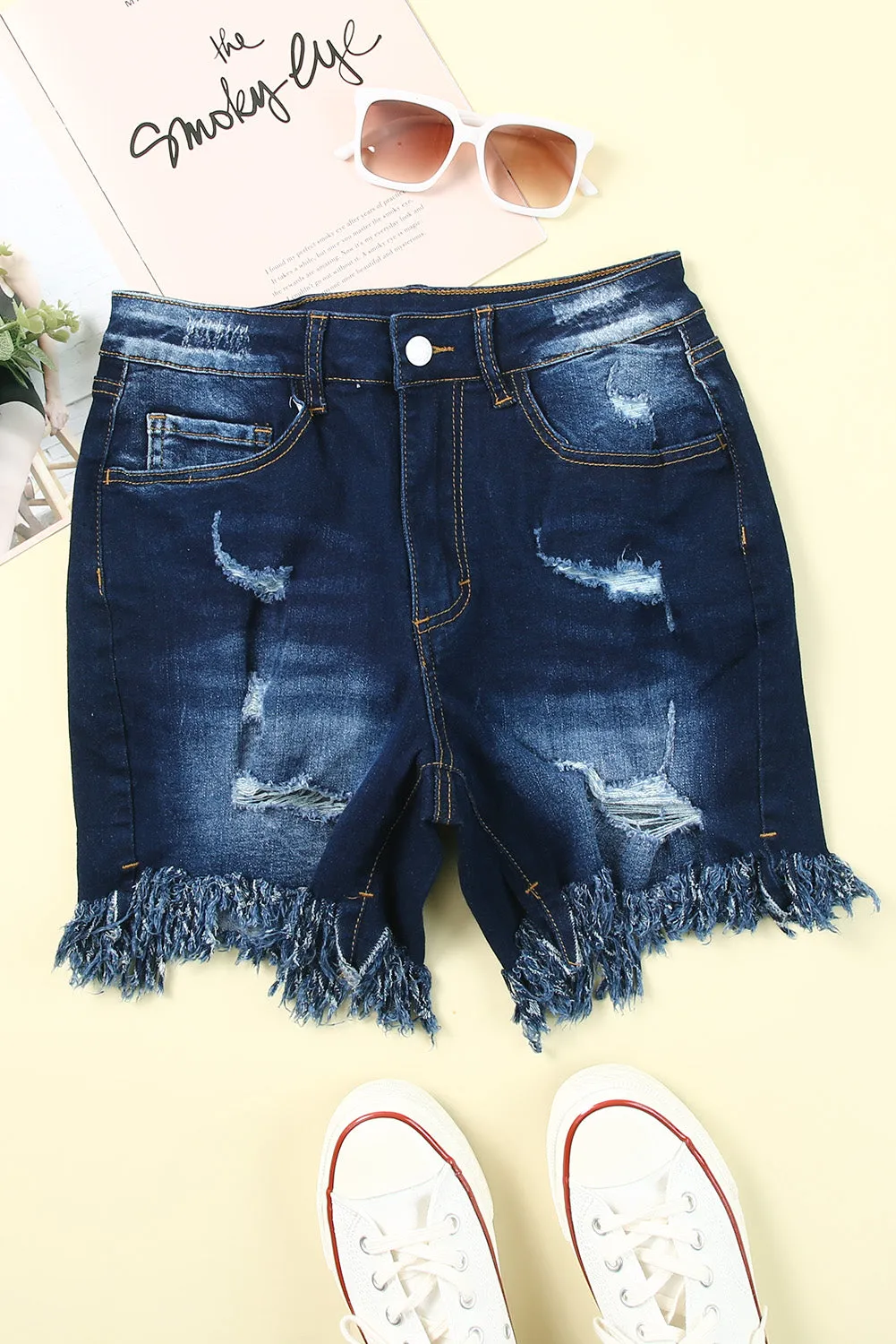 Denim Shorts for Women High Waist Distressed Frayed Casual Jeans Shorts