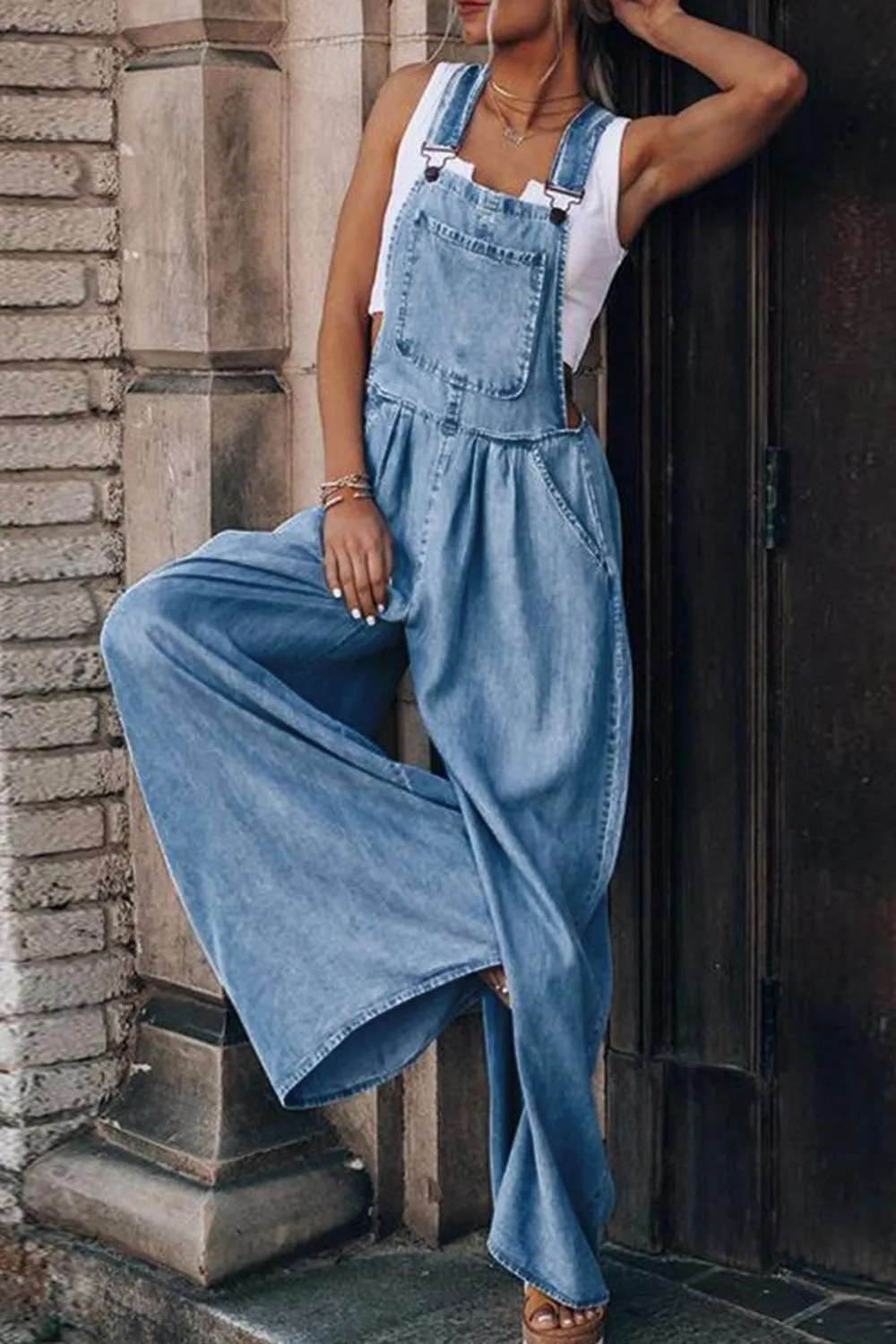 Distressed Wide Leg Denim Overalls (S 0- 2X)