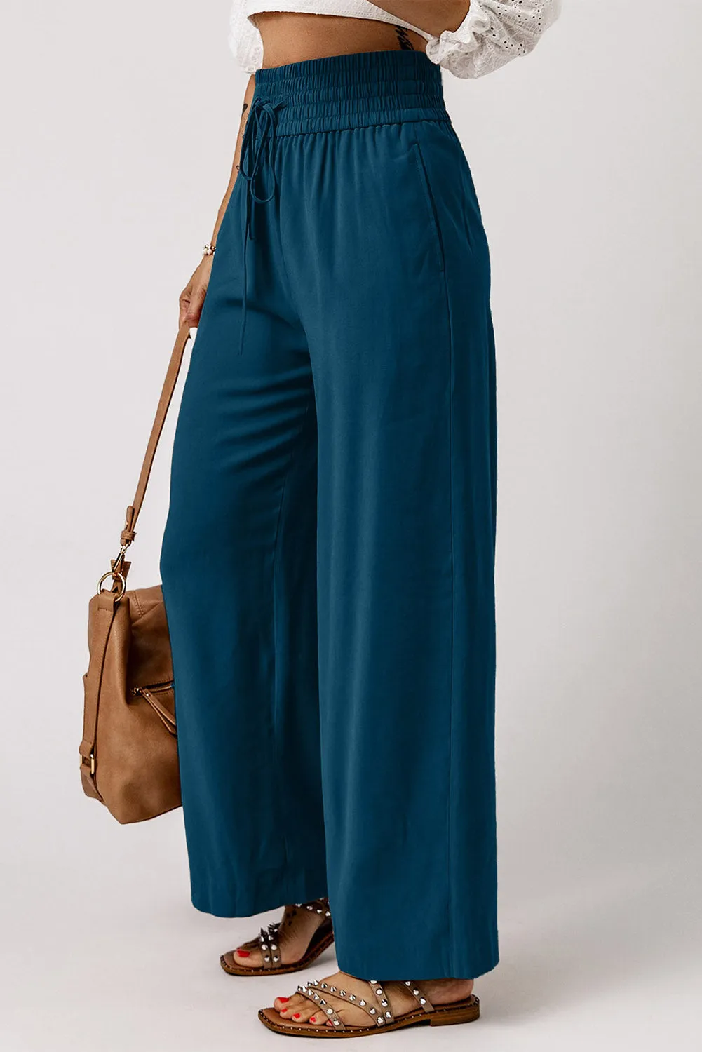 Drawstring Elastic Waist Casual Wide Leg Pants