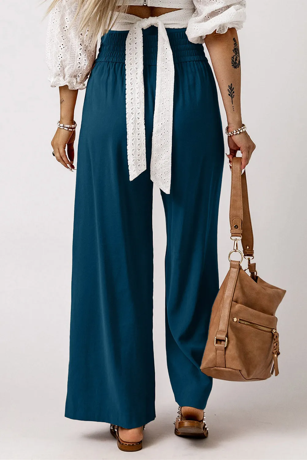 Drawstring Elastic Waist Casual Wide Leg Pants