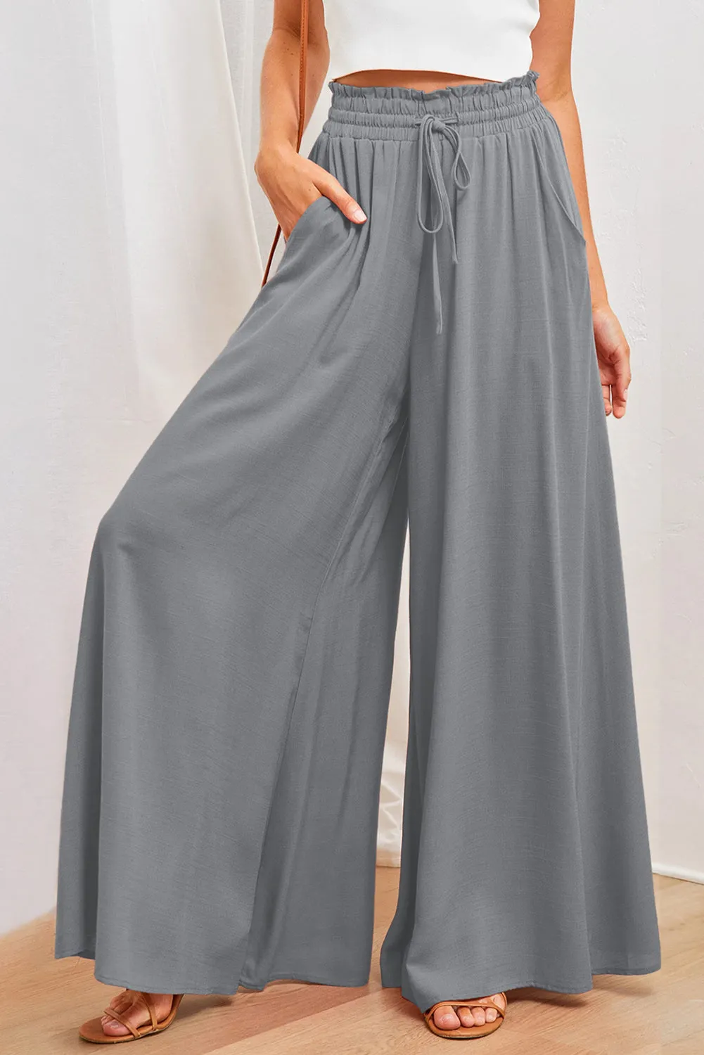 Drawstring Smocked High Waist Wide Leg Pants