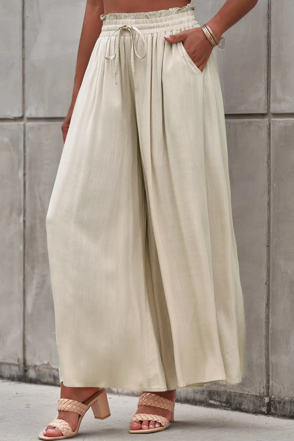 Drawstring Smocked High Waist Wide Leg Pants