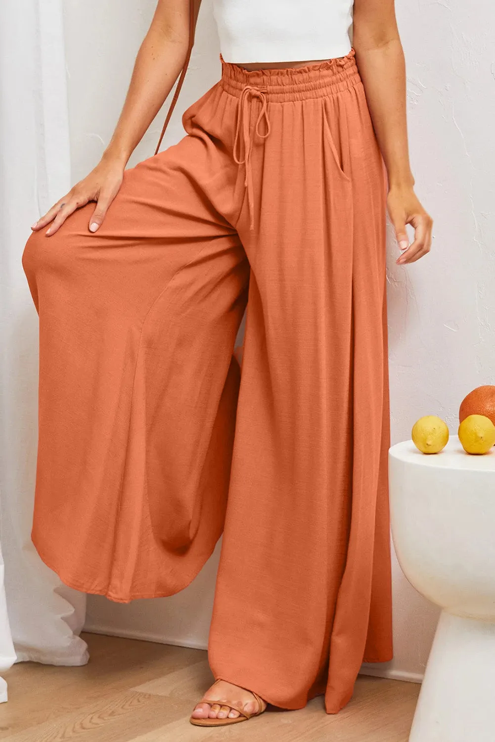 Drawstring Smocked High Waist Wide Leg Pants