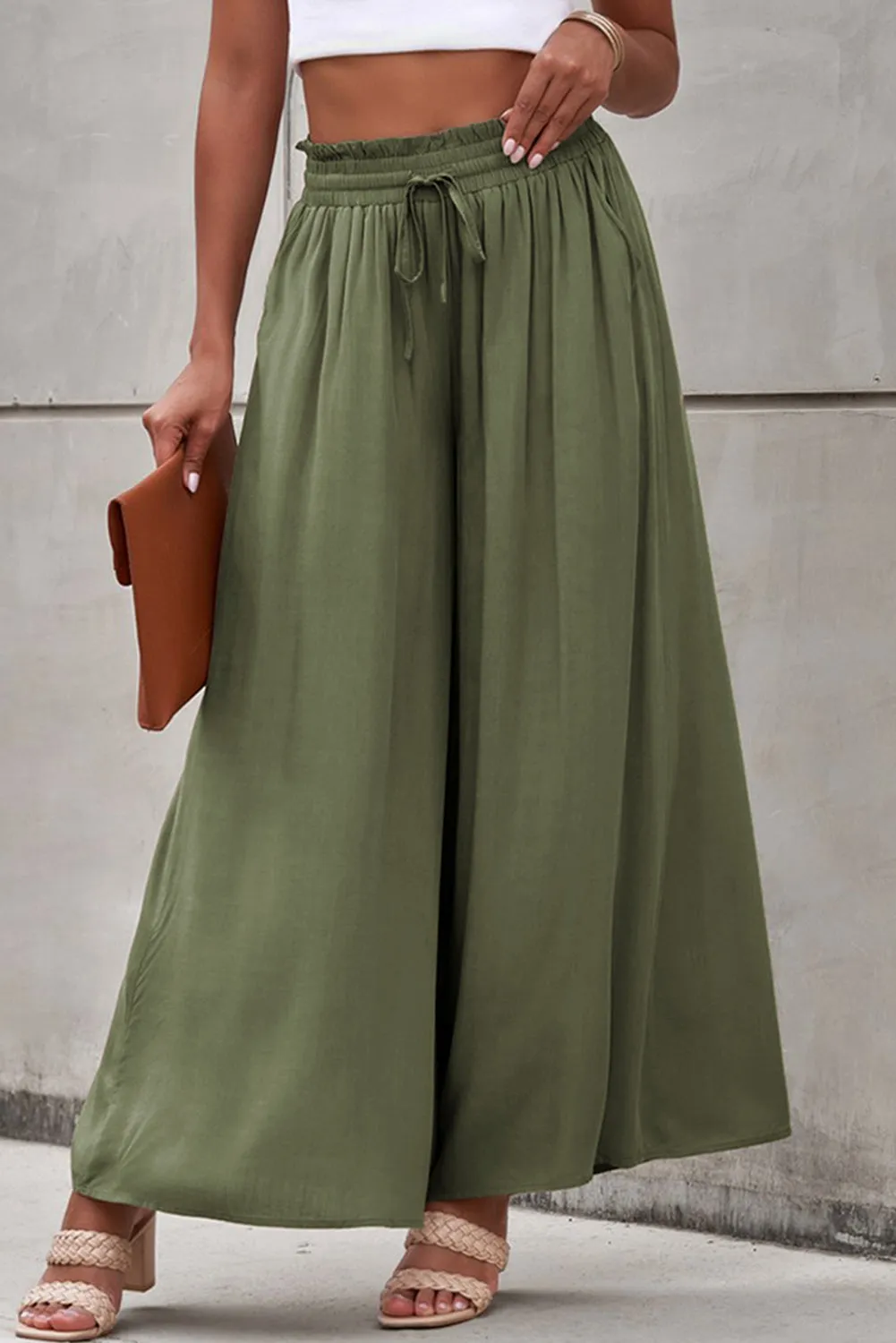 Drawstring Smocked High Waist Wide Leg Pants