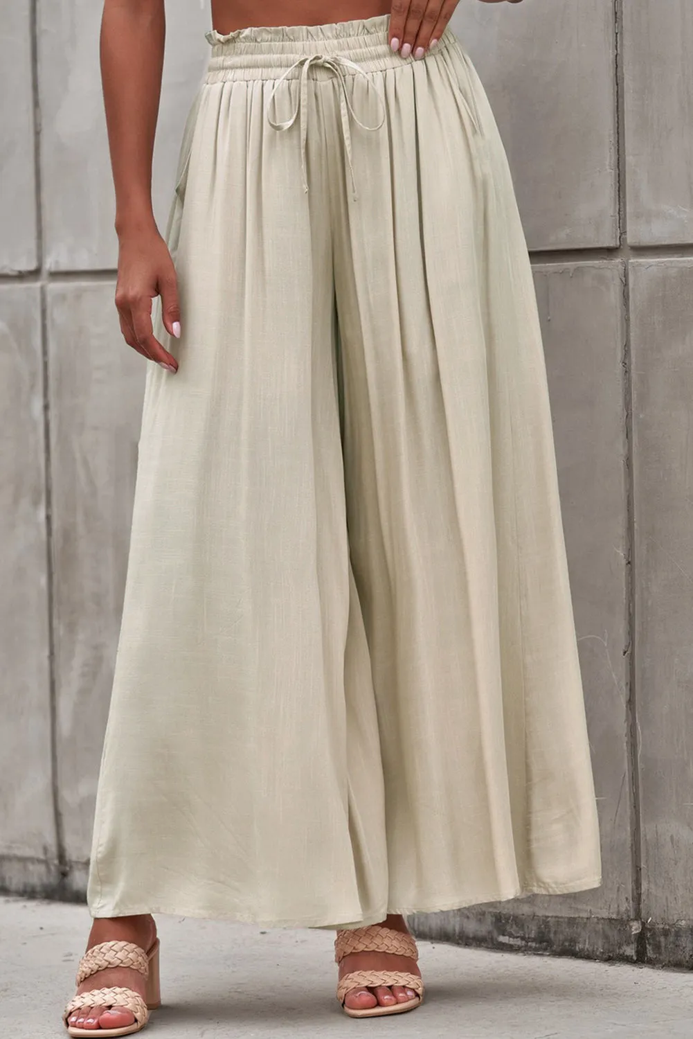 Drawstring Smocked High Waist Wide Leg Pants