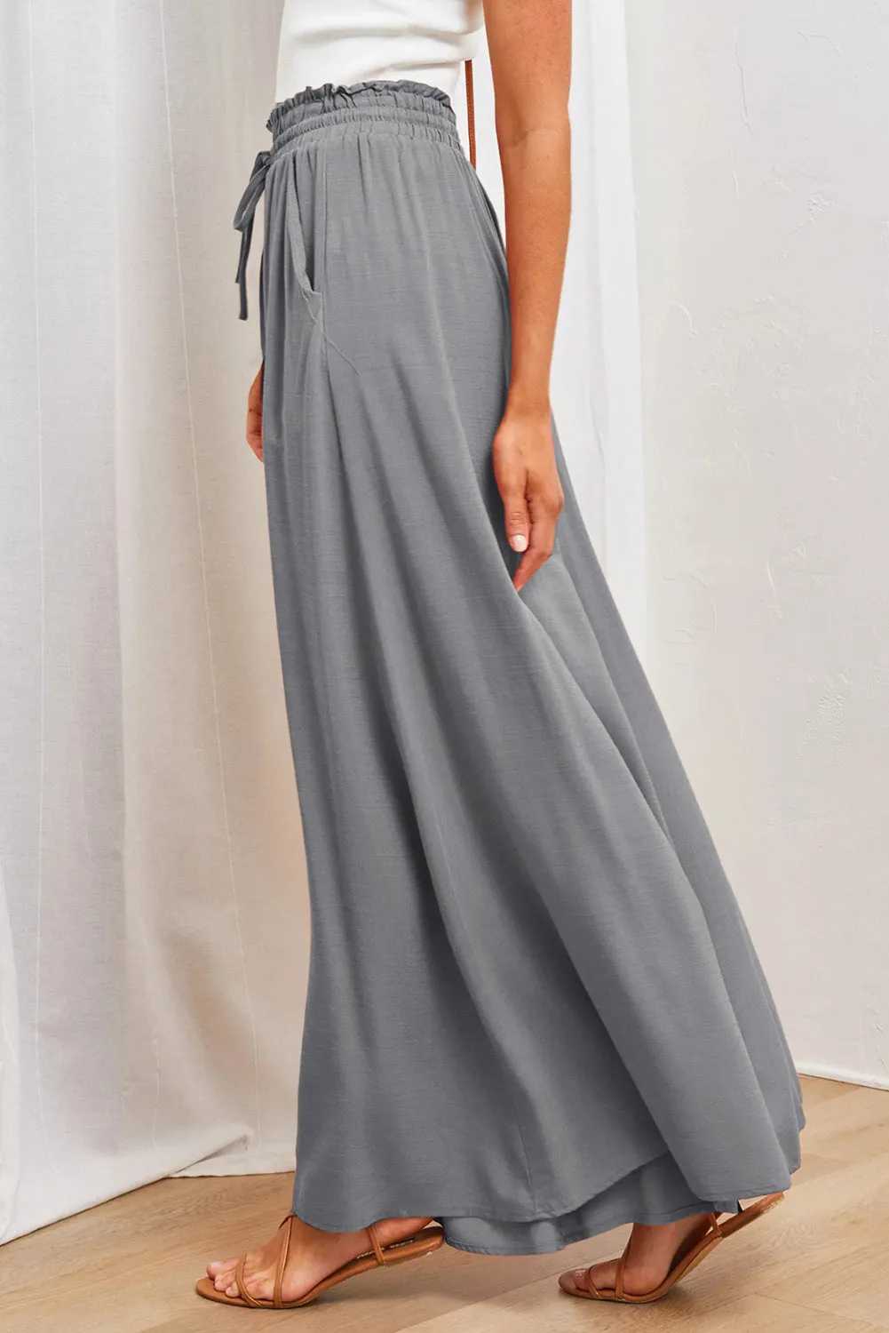 Drawstring Smocked High Waist Wide Leg Pants