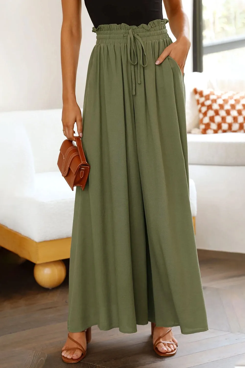 Drawstring Smocked High Waist Wide Leg Pants