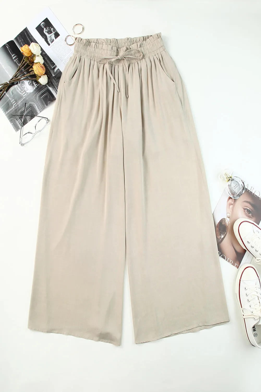 Drawstring Smocked High Waist Wide Leg Pants