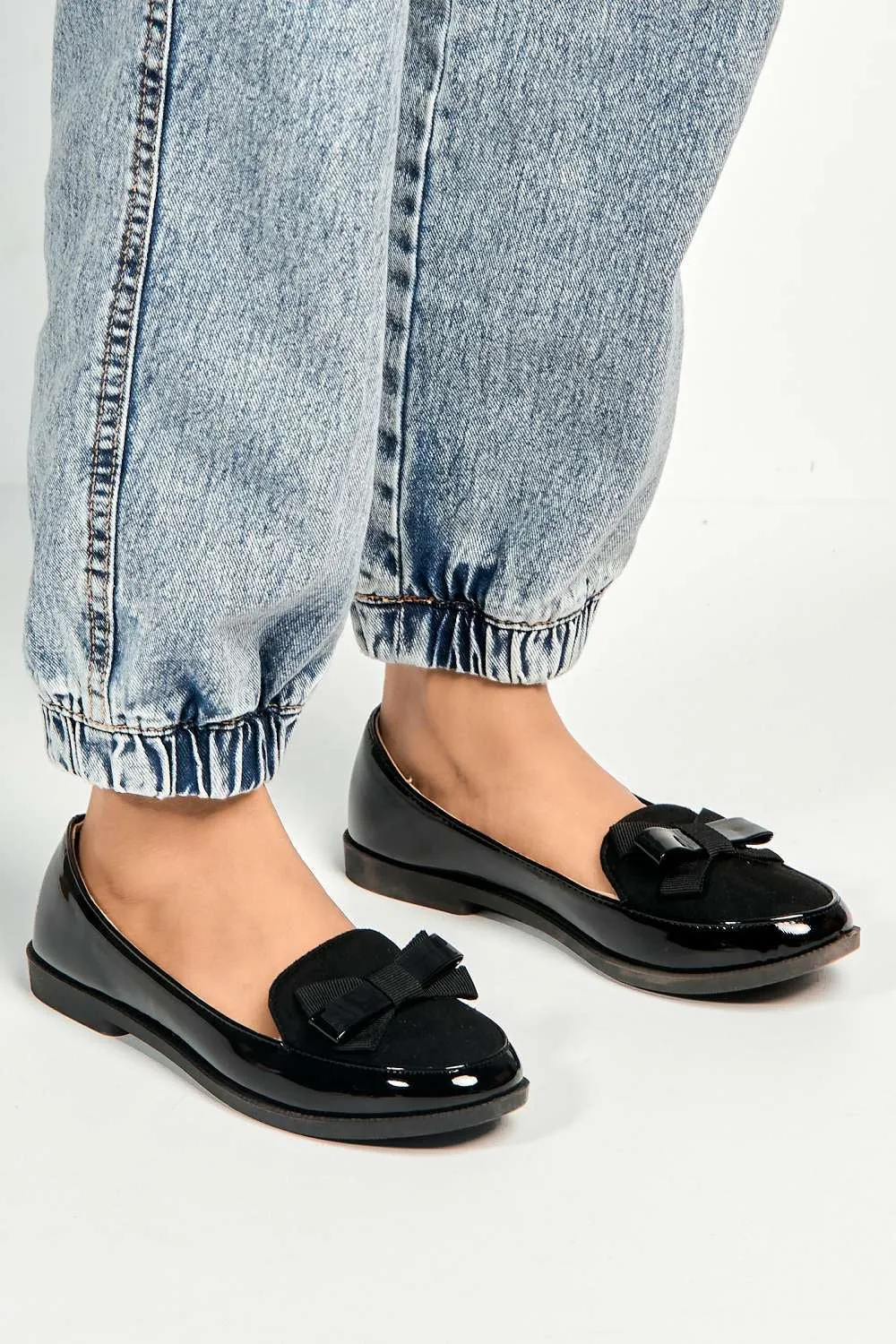 Eirina Bow Detail Flat Loafers in Black Patent