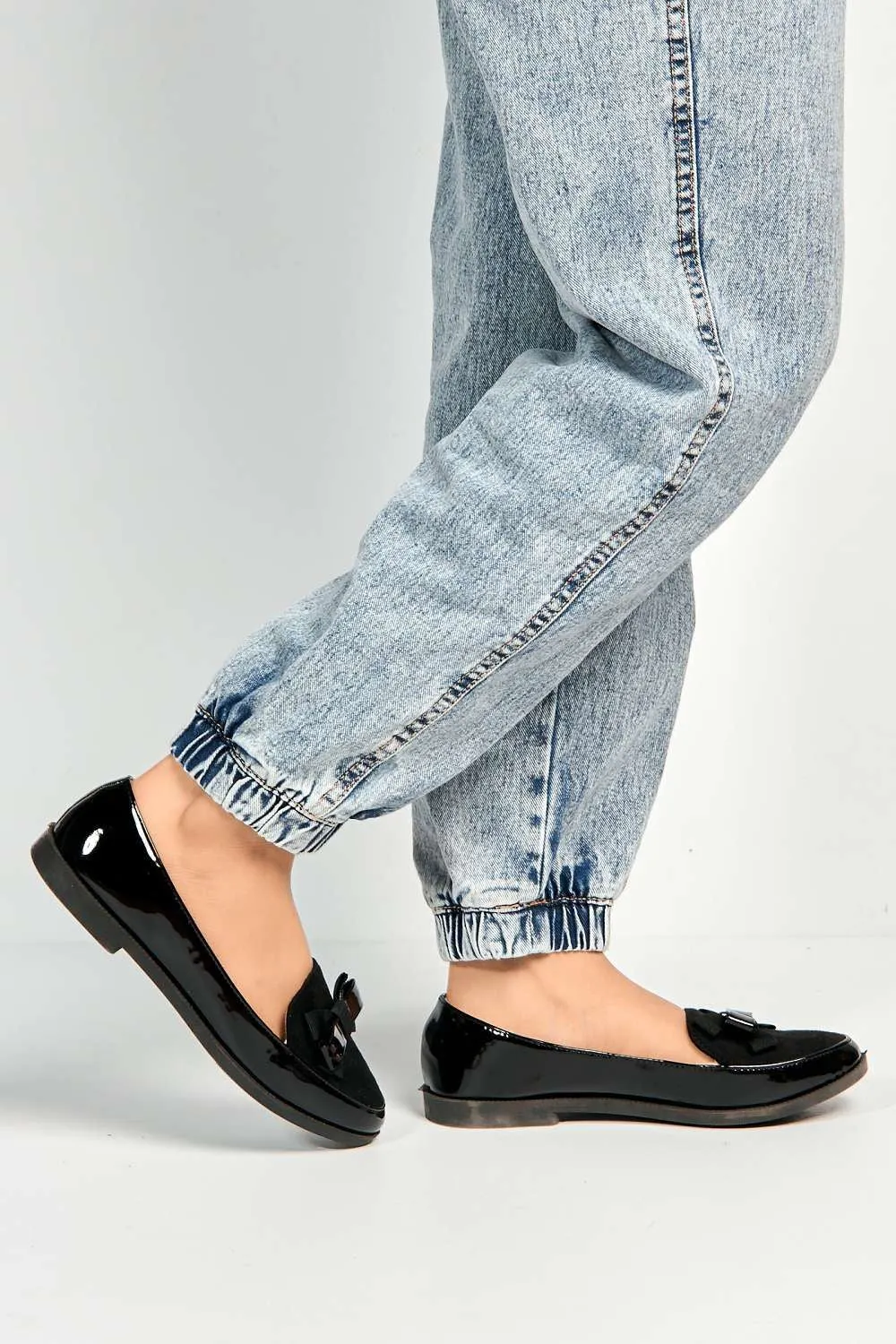 Eirina Bow Detail Flat Loafers in Black Patent