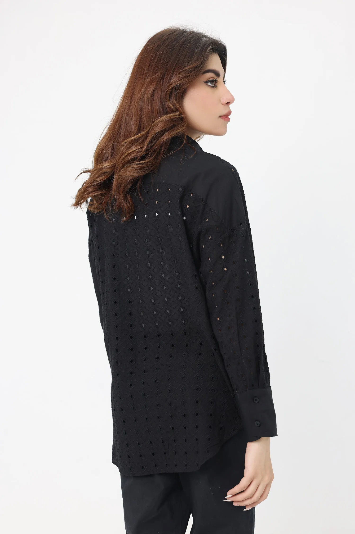 ELEGANCE EMBROIDERED EYELET BLOUSE-BLACK