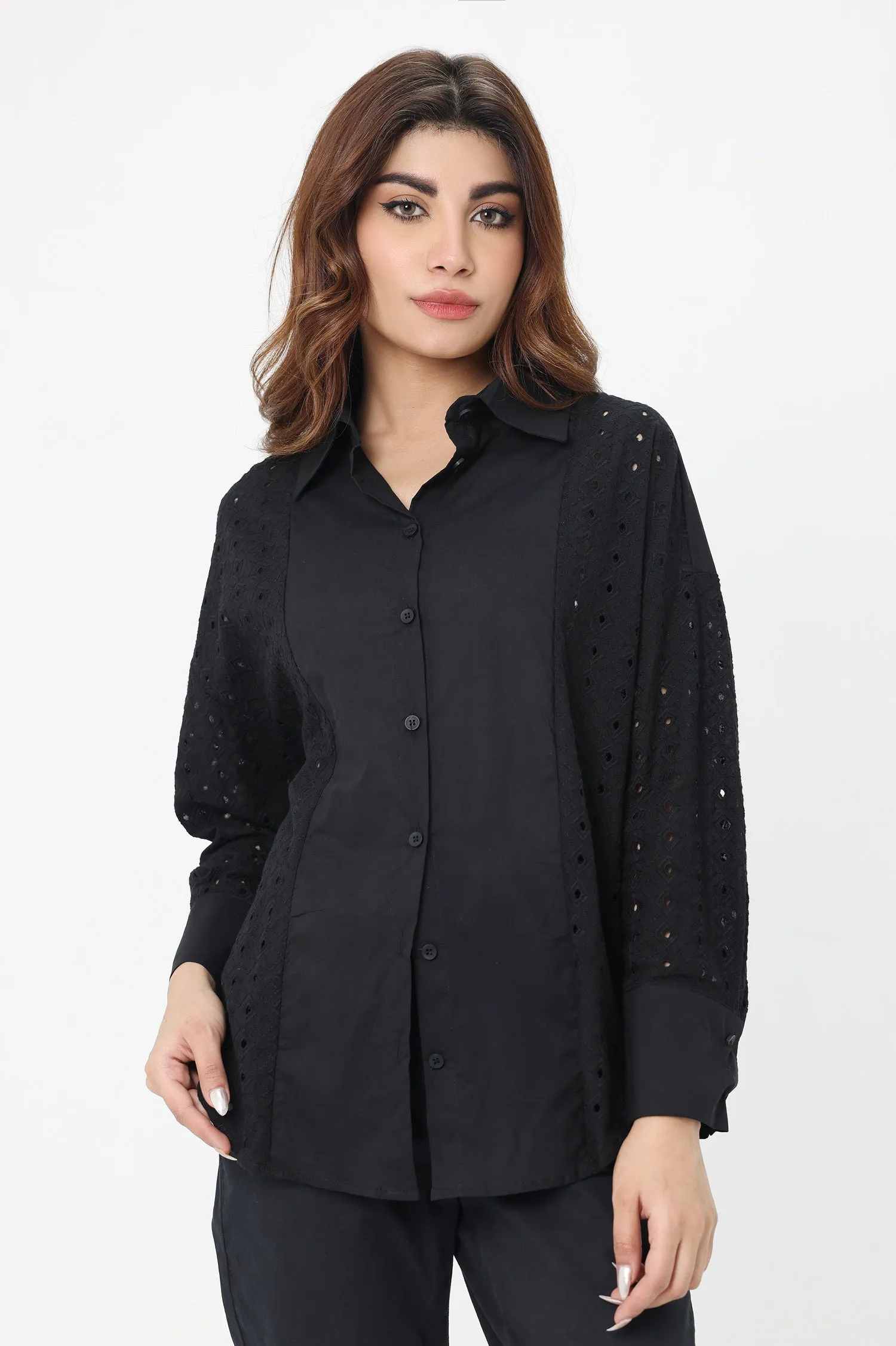 ELEGANCE EMBROIDERED EYELET BLOUSE-BLACK