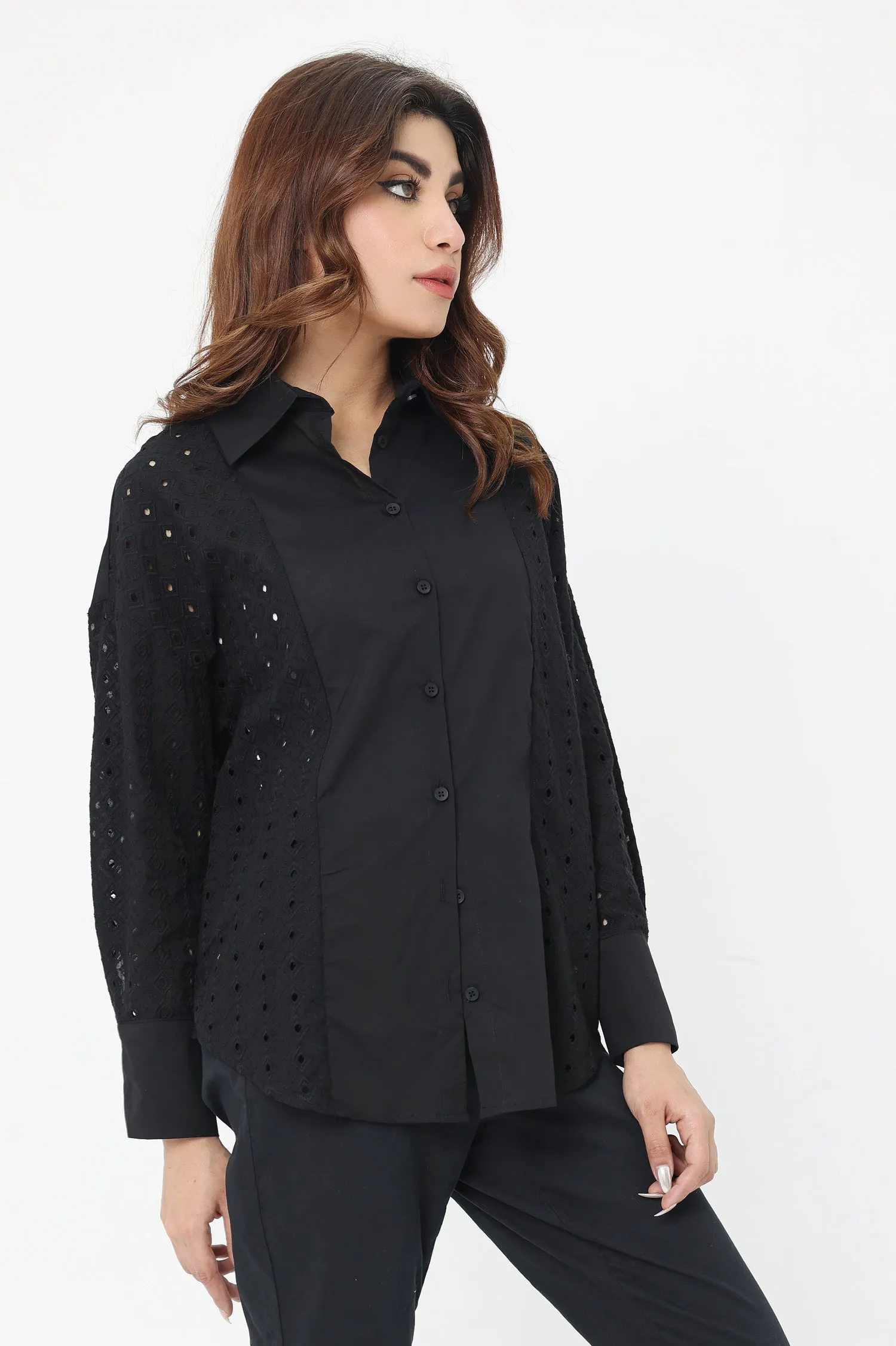 ELEGANCE EMBROIDERED EYELET BLOUSE-BLACK