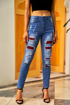 Fashion Blue Ripped Plaid Straight Legs Boyfriend Jeans