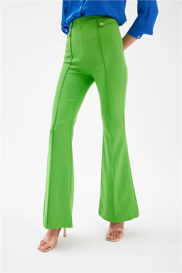 Flared High Waist 4- Button Pants - Green