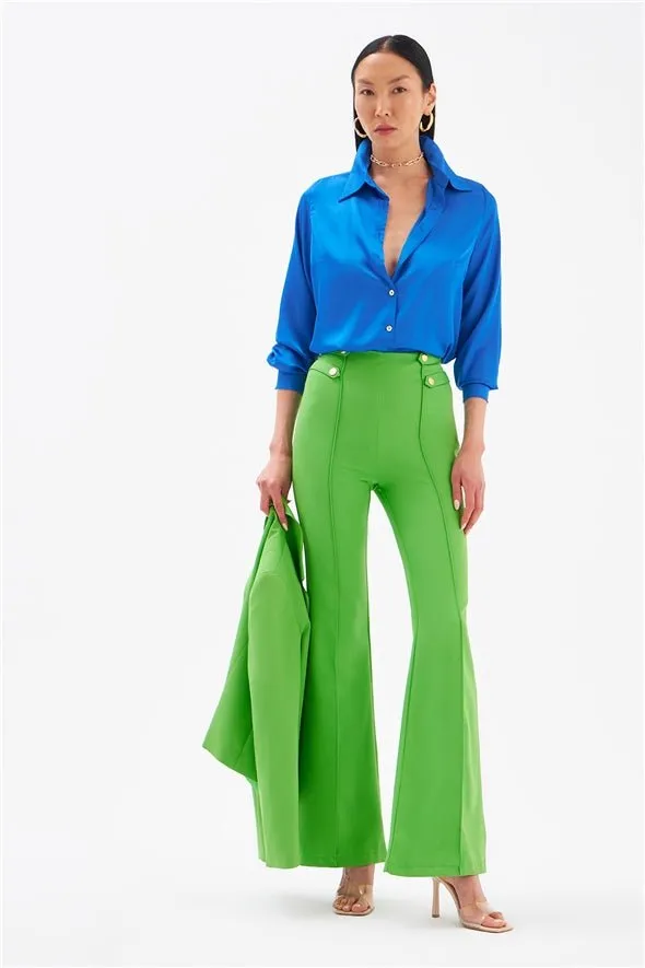 Flared High Waist 4- Button Pants - Green