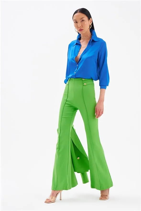 Flared High Waist 4- Button Pants - Green