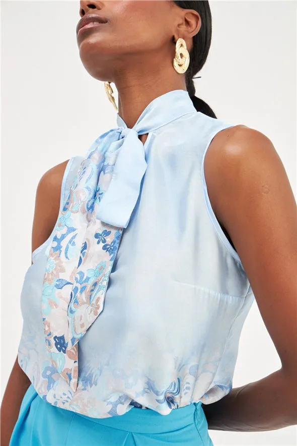 Floral Ombre Patterned Tie Neck Scarf Detailed Blouse - Blue