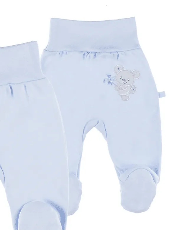 Footed Trousers, Embroidered Bear On Rear - Blue