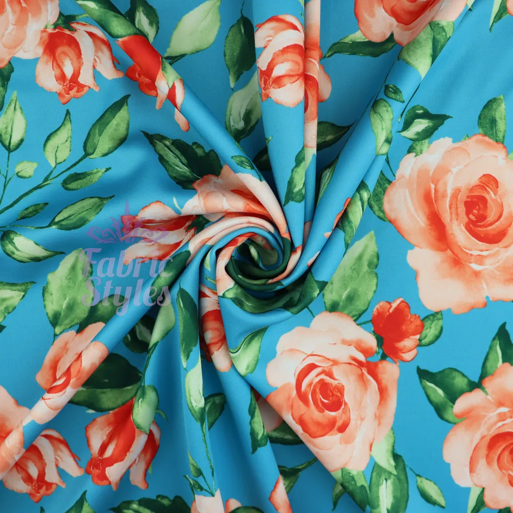 FS1039 Rosemary Floral Stretch Knit Fabric Teal