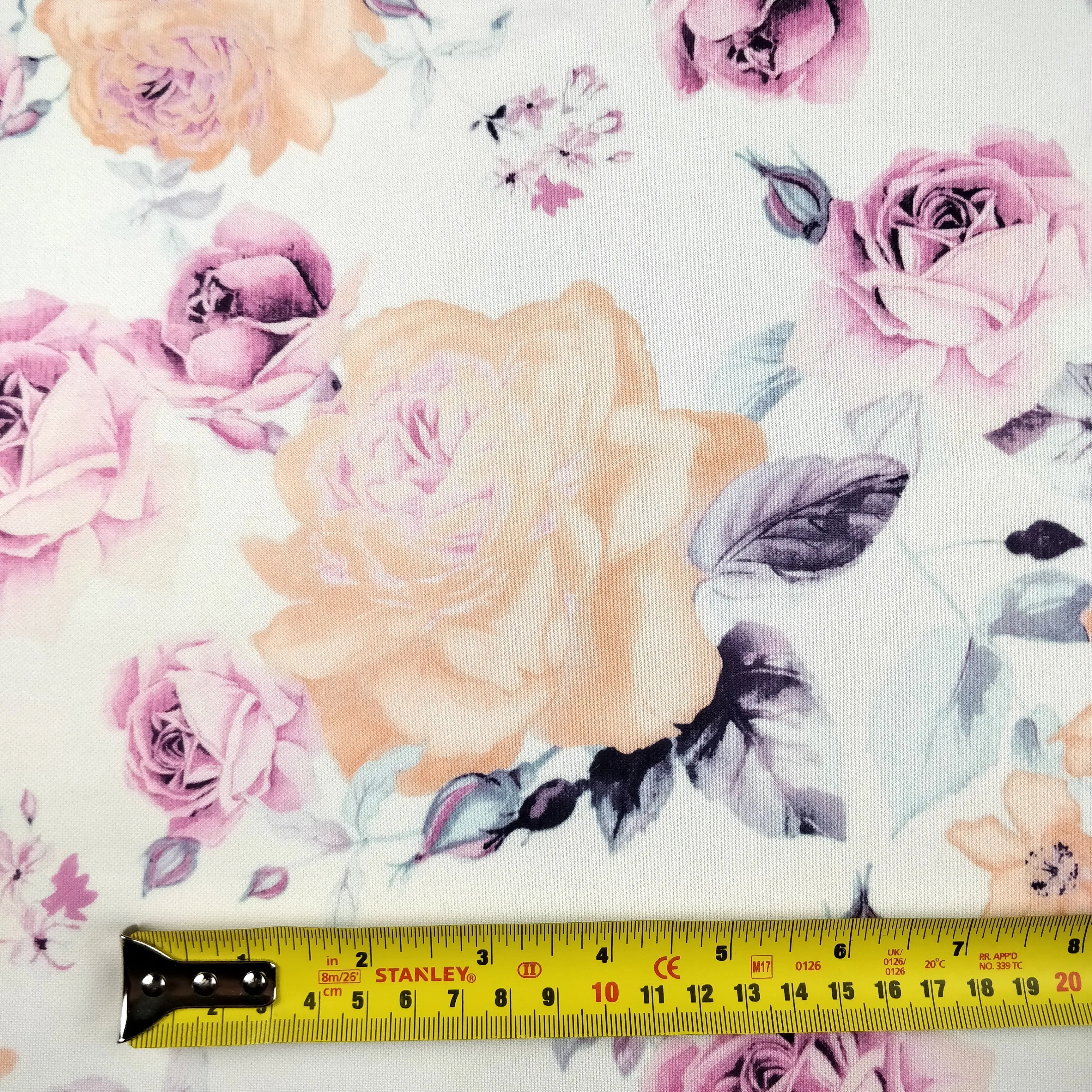 FS114_1 Peony Rose Pink Floral Scuba Stretch Knit Fabric White