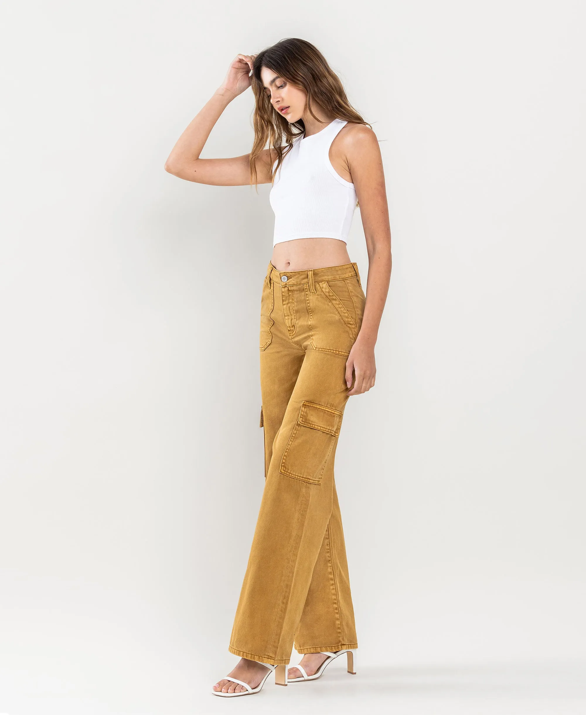 Golden Brown - High Rise Utility Cargo Wide Leg Jeans