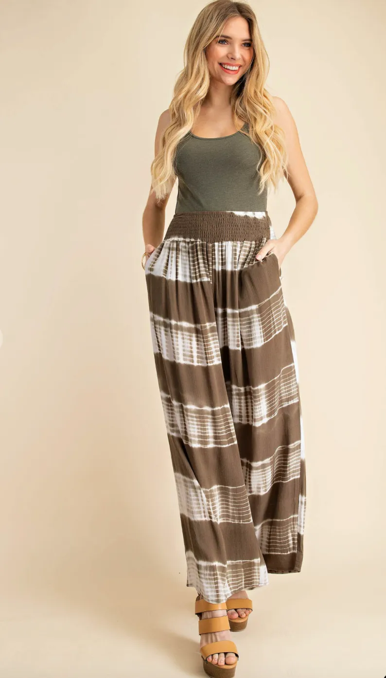 #H797  Time For A Vacation Tie Dye Palazzo Pants (Olive)