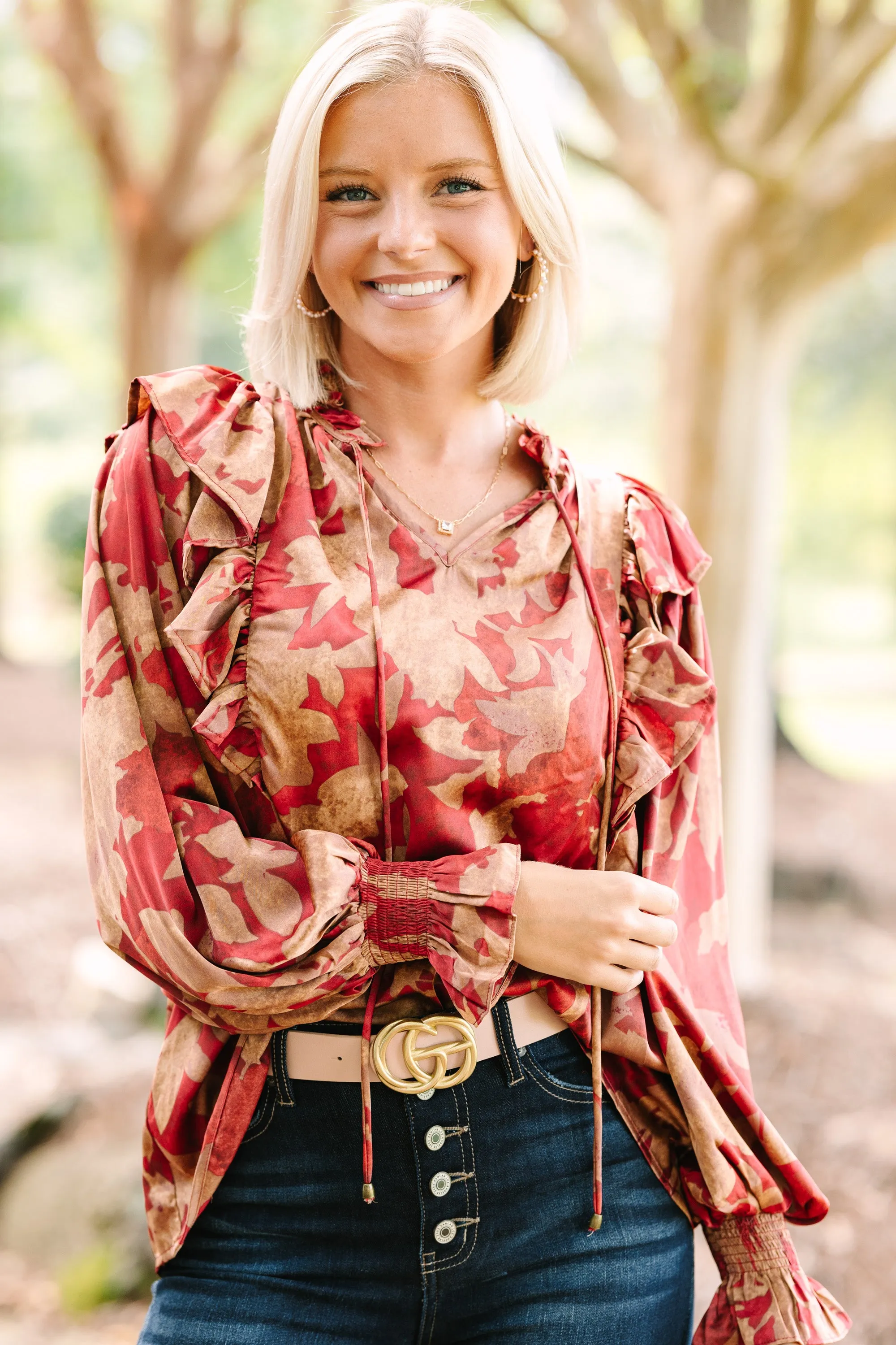 Help You Out Brick Orange Floral Blouse