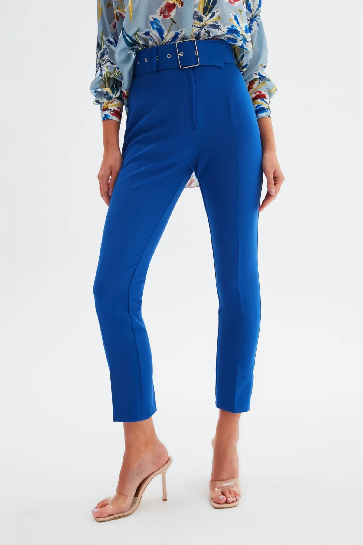 High Waist Belted Trousers - Azure