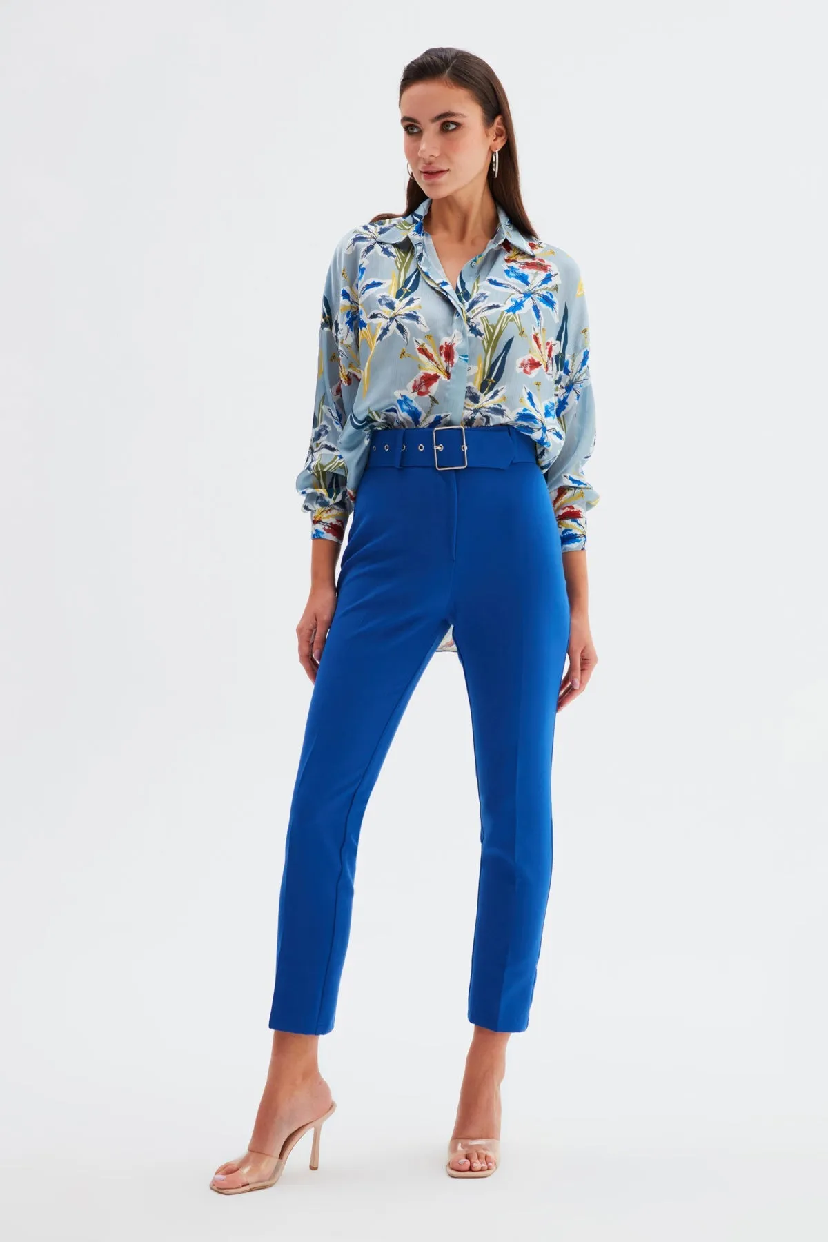 High Waist Belted Trousers - Azure