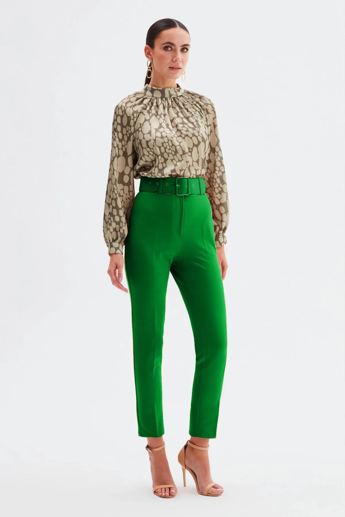 High Waist Belted Trousers - Green