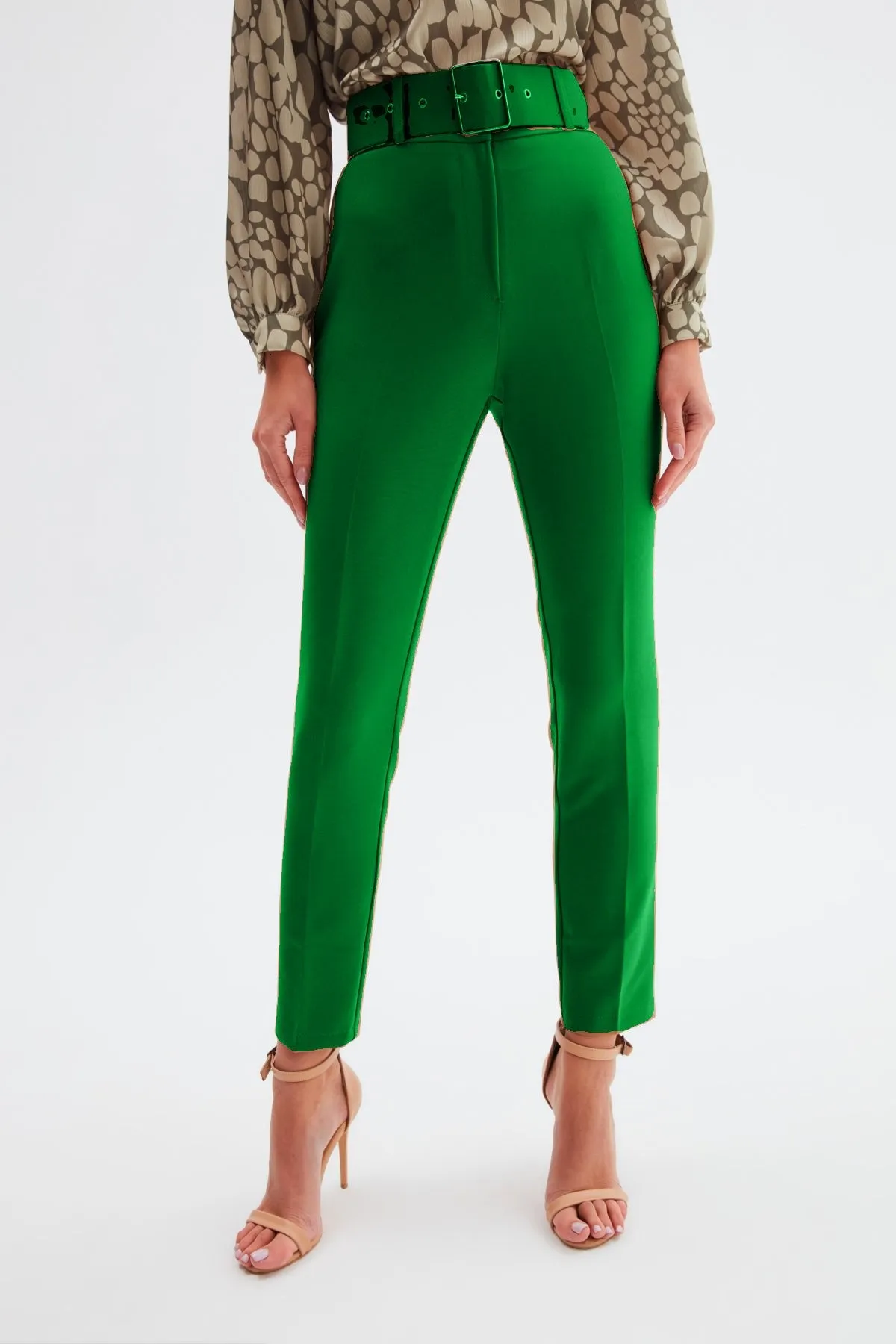 High Waist Belted Trousers - Green