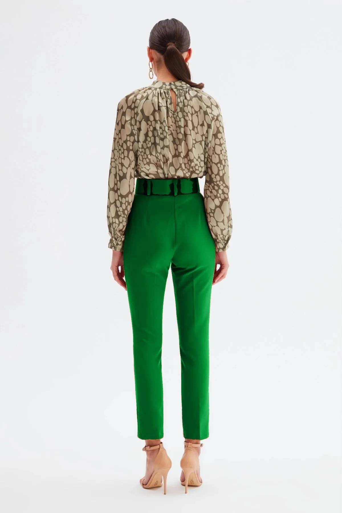 High Waist Belted Trousers - Green