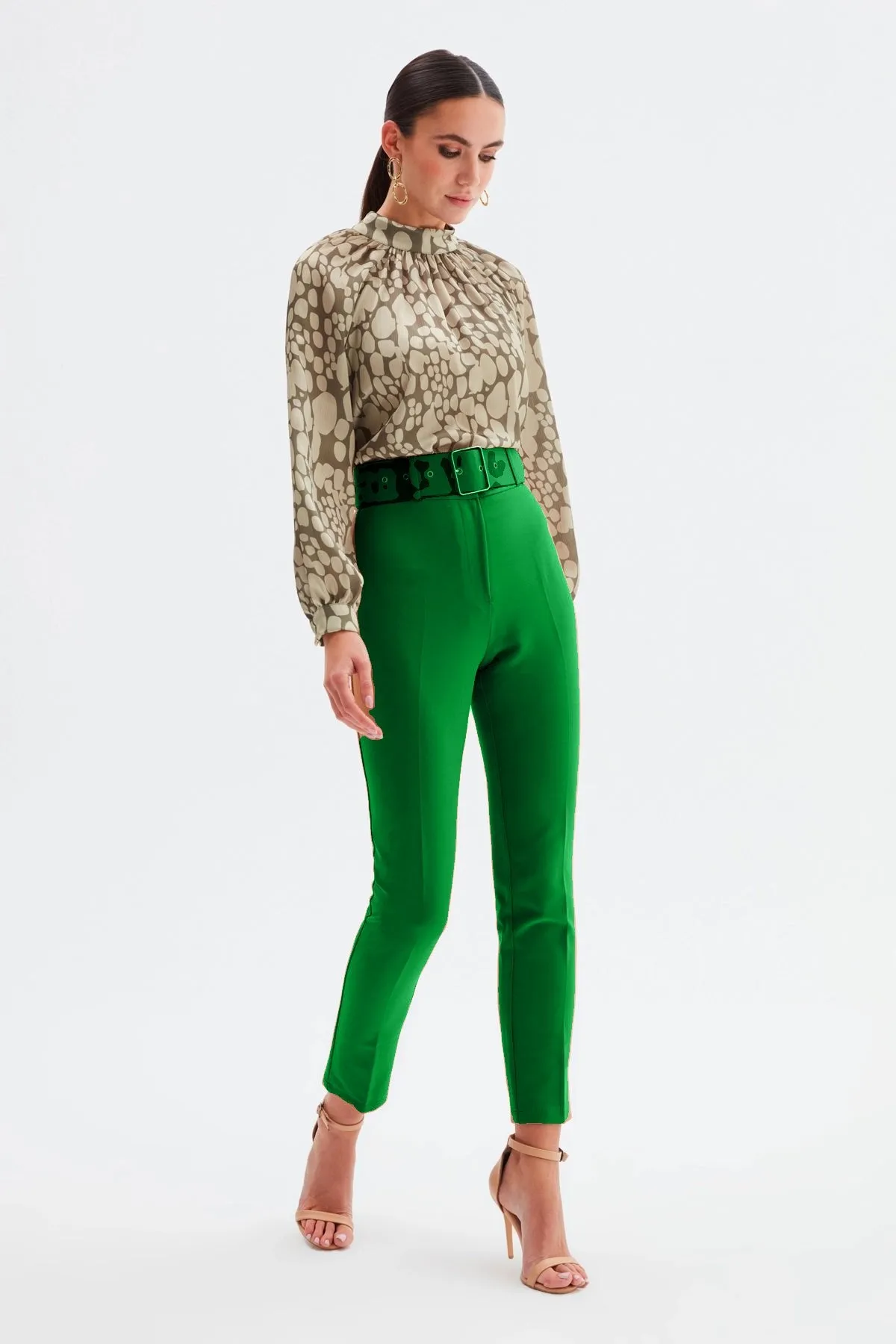 High Waist Belted Trousers - Green