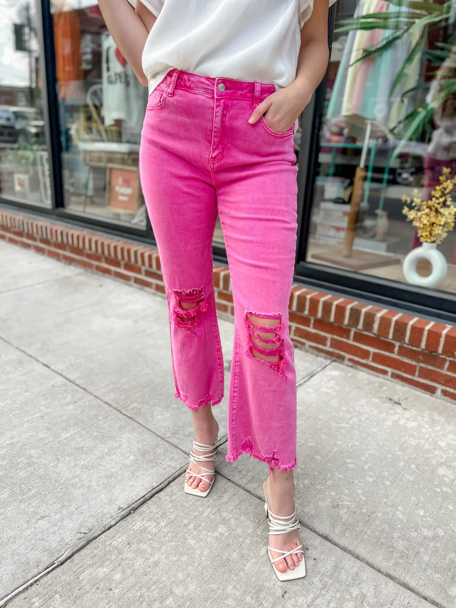 Hot Pink Lightly Distressed Frayed Hem Jeans