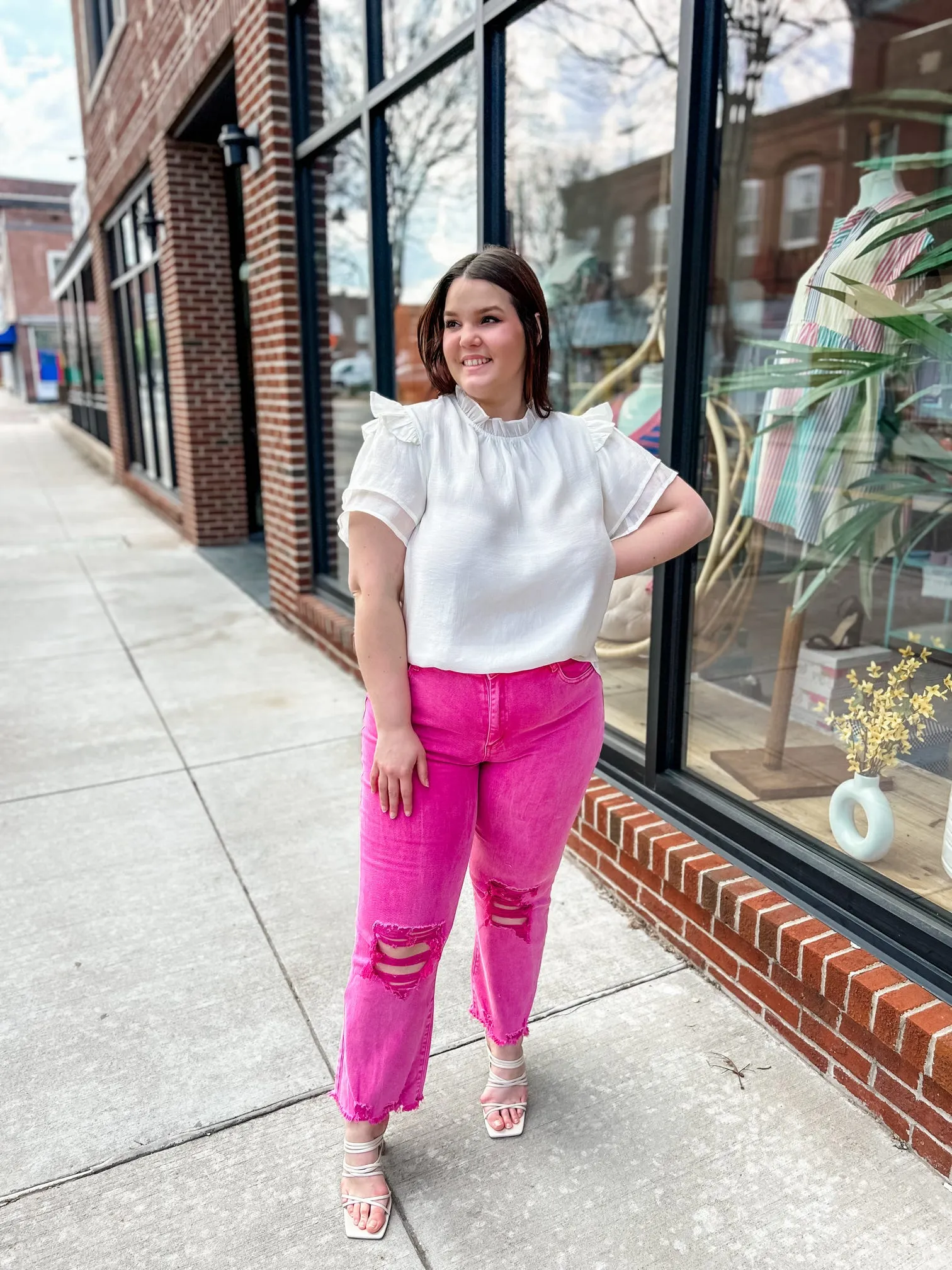 Hot Pink Lightly Distressed Frayed Hem Jeans