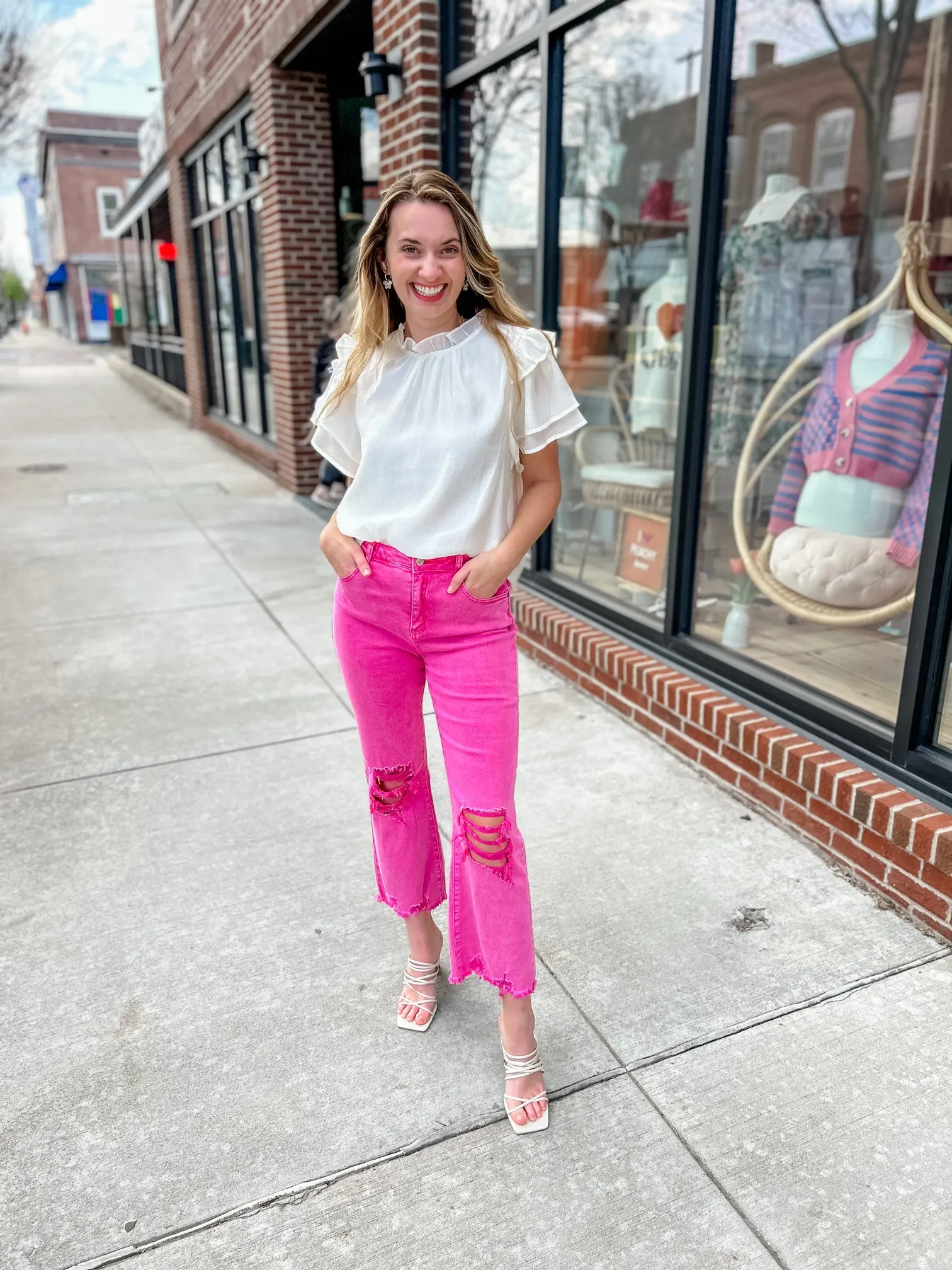 Hot Pink Lightly Distressed Frayed Hem Jeans