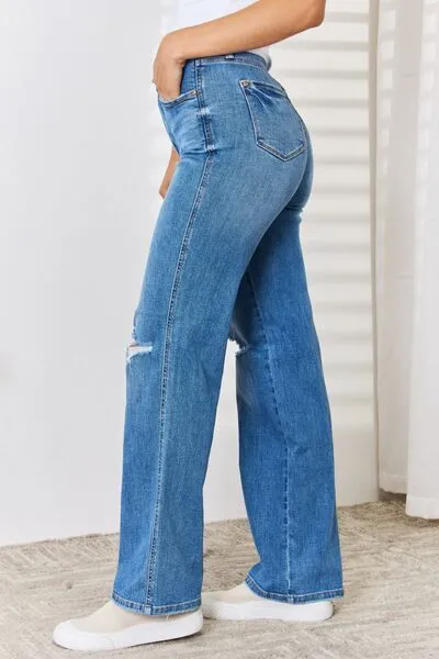 Judy Blue, High Waist Tummy Control Distressed Straight Jeans