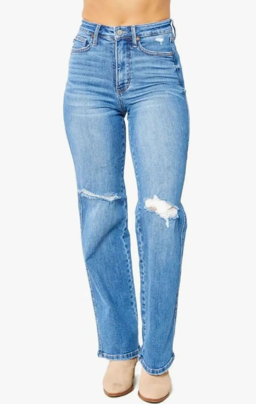 Judy Blue, High Waist Tummy Control Distressed Straight Jeans