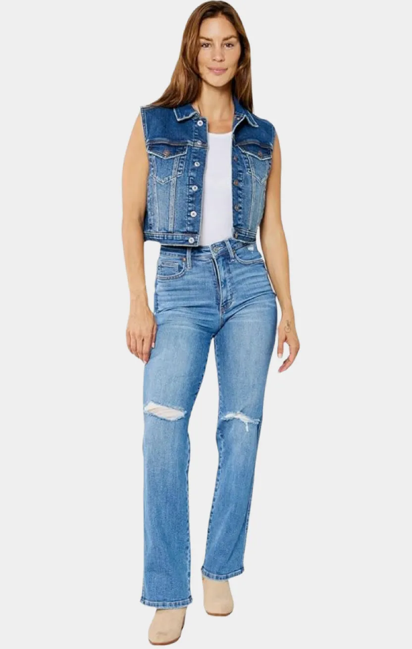 Judy Blue, High Waist Tummy Control Distressed Straight Jeans