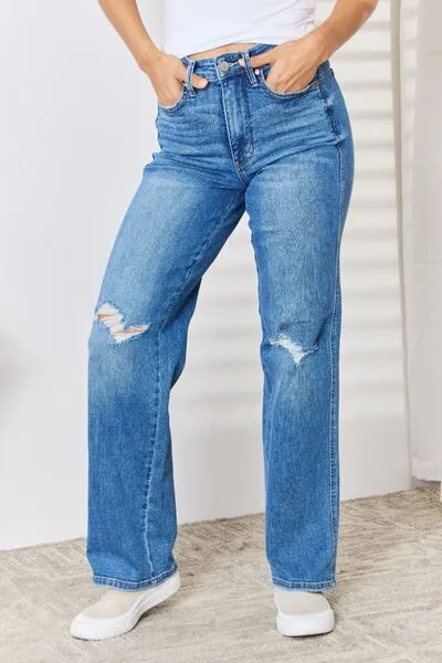 Judy Blue, High Waist Tummy Control Distressed Straight Jeans