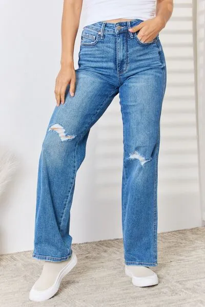 Judy Blue, High Waist Tummy Control Distressed Straight Jeans