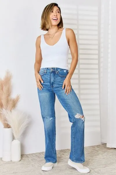 Judy Blue, High Waist Tummy Control Distressed Straight Jeans