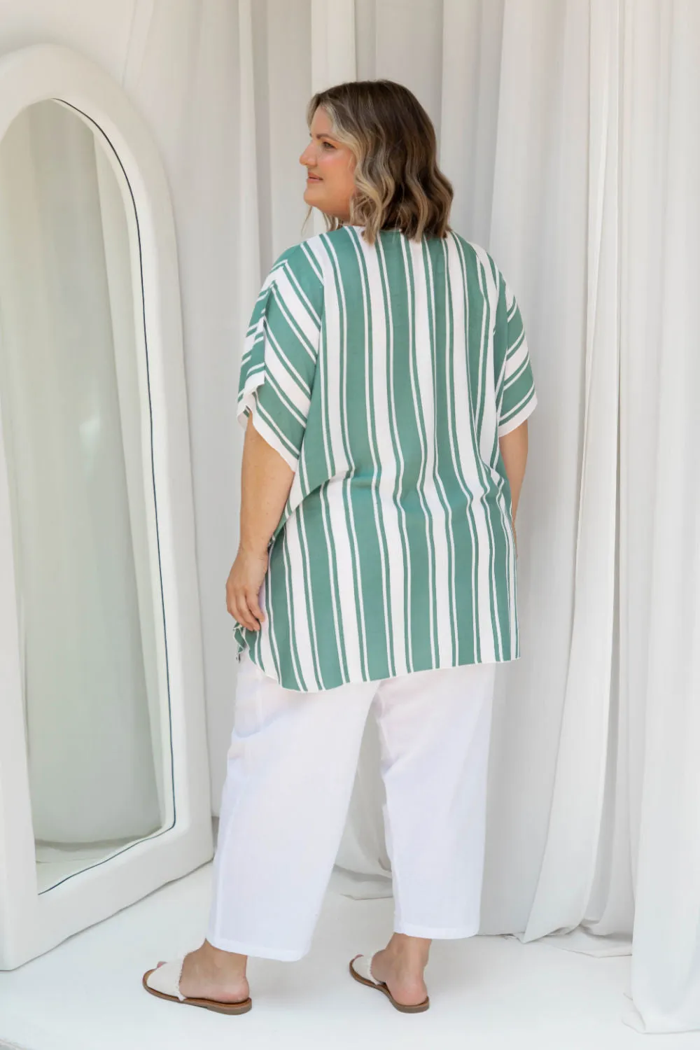 Kaftan Top - Sage Green and White Stripe