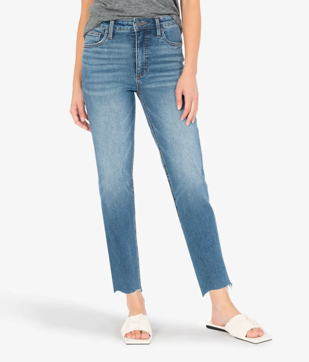 Kut from the Kloth Rachel High Rise Ab Fab Mom Straight Leg Stretch Denim Jeans with Raw Hem