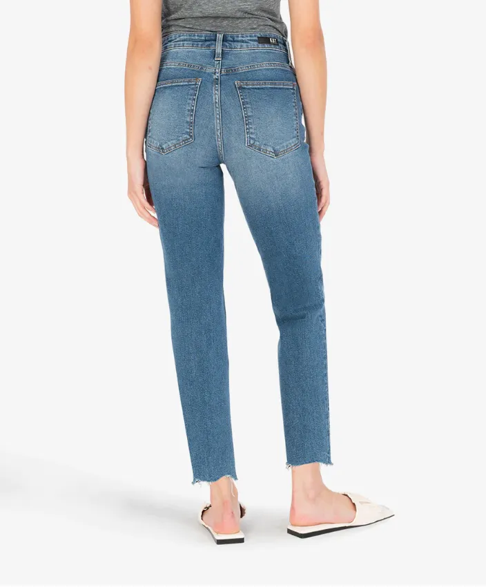 Kut from the Kloth Rachel High Rise Ab Fab Mom Straight Leg Stretch Denim Jeans with Raw Hem