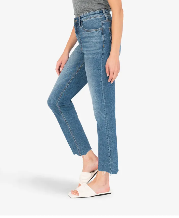 Kut from the Kloth Rachel High Rise Ab Fab Mom Straight Leg Stretch Denim Jeans with Raw Hem