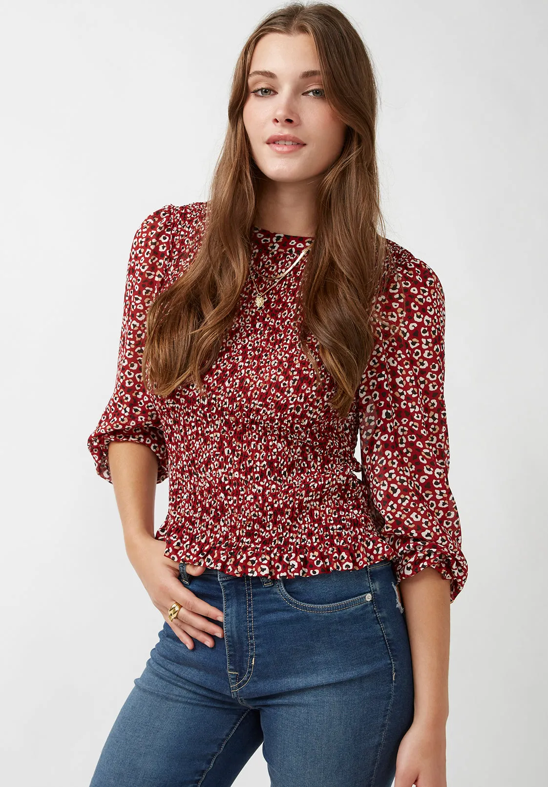 Langley Women's Ruched Body Blouse in Red Leopard - WT0073H