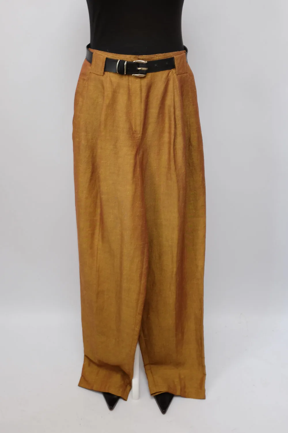 LINEN VISCOSE CAMEL PLEATED PANTS